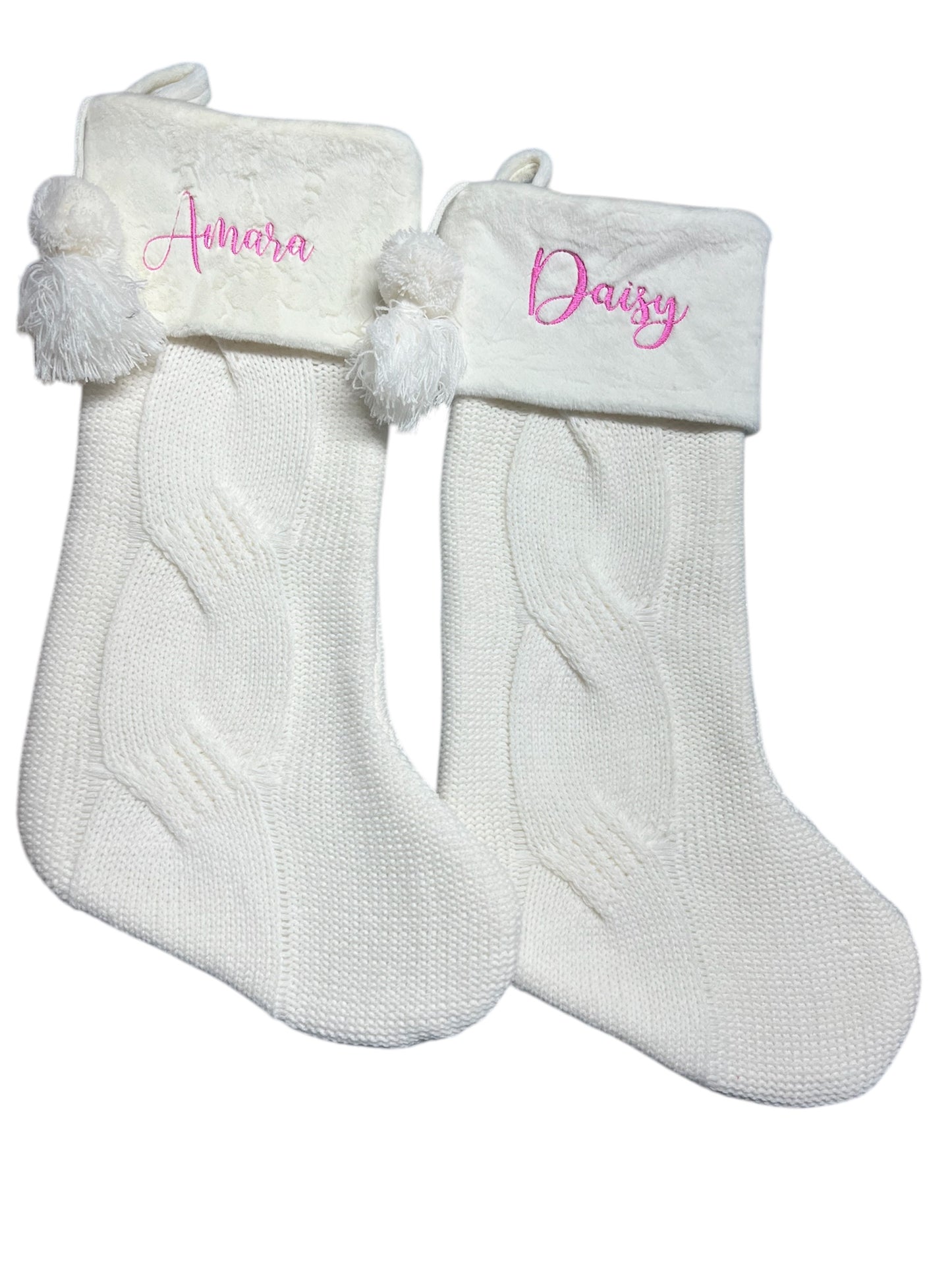 White Cable Knit Christmas Stocking Embroidered with a Name